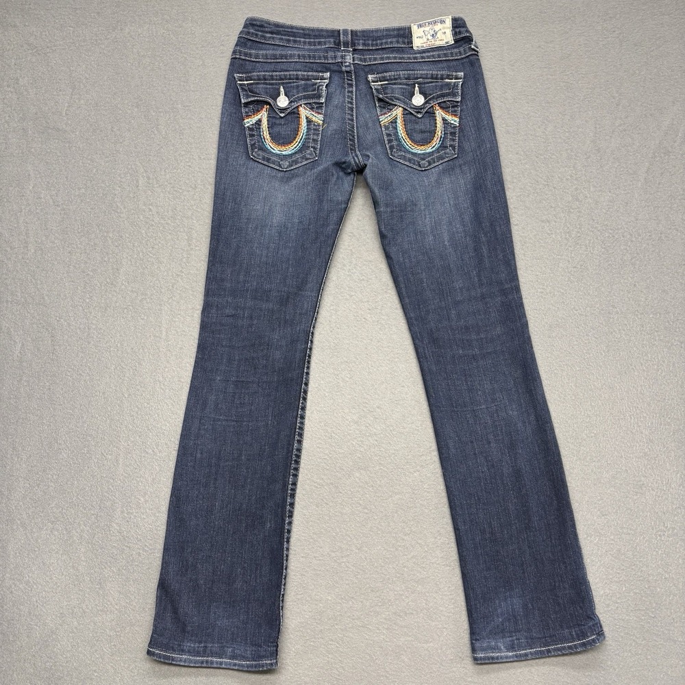 True Religion Jeans Womens 29 Blue Low Rise Dark Wash Rainbow Pockets Y2K USA - Picture 12 of 15